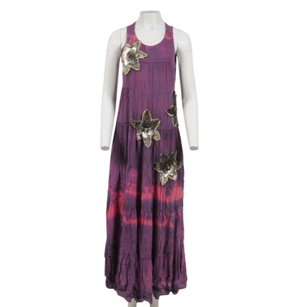 Balmain Womens Sun Maxi Long Dress Small Purple Tie Dye Silk Star Embroidered